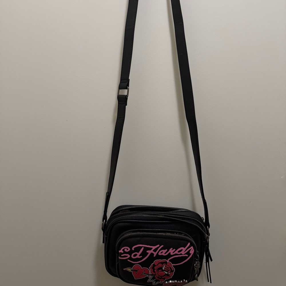 Ed Hardy Black Crossbody Bag with Pink Rose Design - Picture 3 of 9